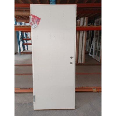 Branddør stål 87x209 cm h.ind hvid/inde træbrun/ude kik øje